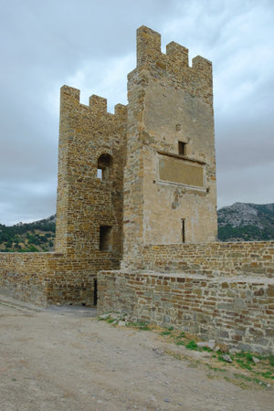 Ancient towers and a fragment of the fortress walls. Architecture, exterior, historyのeditorial素材