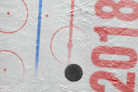 Ice hockey arena with a marking and a washer. Concept, hockey, backgroundの写真素材