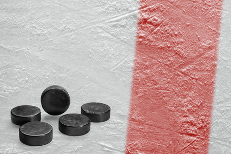 Washers, red line and background hockey arena. Concept, hockey, backgroundの写真素材
