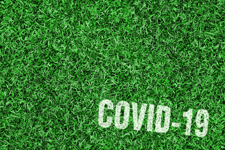 Fragment of a football field with the inscription. Concept, background, coronavirusの写真素材