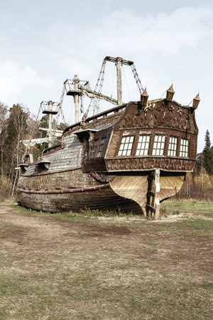 Ancient sailing ship on the edge of the forest. landscape, decorationの写真素材