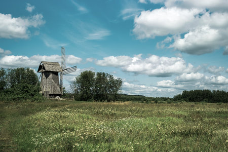 Unused wooden windmill building. Architecture, exterior, decorationの写真素材