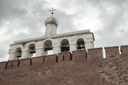 White stone bell tower in an ancient Russian fortress. Architecture, exterior