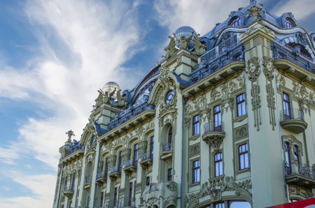 Hotel 'Bolshaya Moskovskaya' on Derybasivska Street in Odessa. Beautiful old building in the tourist center of Odesa, summer landscape.のeditorial素材