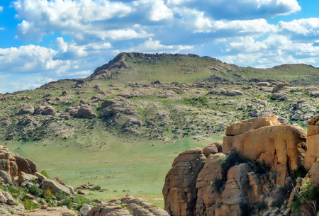 Flat mountain and valley in the steppes of Mongoliaの写真素材