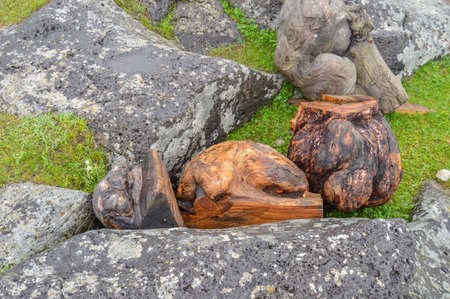 Several Wood Carvings were found amidst the rock outcroppings in the Orkhon Waterfall Area.の写真素材