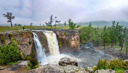 Largest Waterfall in Mongolia 20,000 years ago from volcanos and earthquakes is called Orkhon Waterfall.の写真素材