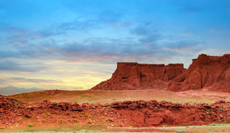Wild goats eat scrub-brush on sides of the Flaming Cliffs of Mongolia.の写真素材