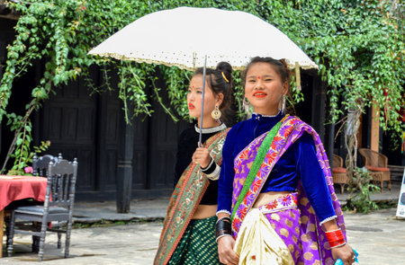 Bandipur, Nepal - September 2, 2016 Young Women Wearing Traditional Clothing for Tej Festivalのeditorial素材