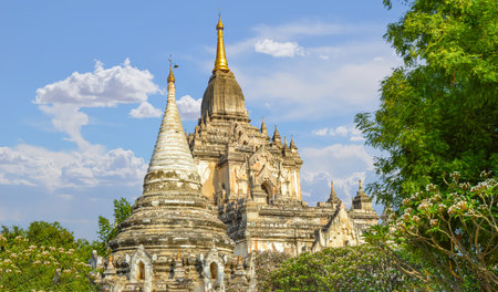 Large White Temple and Stupa Surrounded By Trees in Bagan Fieldの写真素材