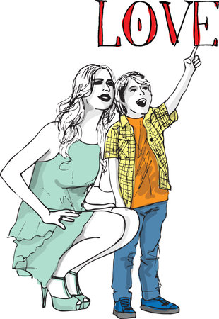 Sketch of little boy having fun with her beautiful mother. Vector illustrationのイラスト素材