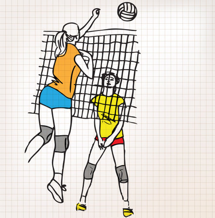 Girls playing volleyball sketch illustrationのイラスト素材
