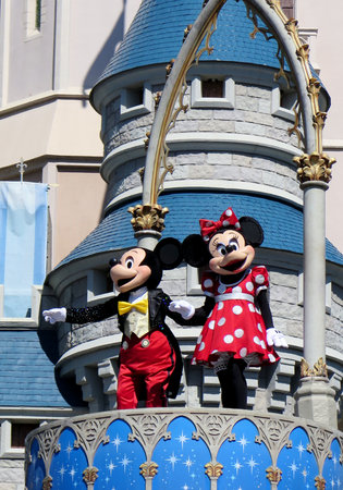 Mickey and Minnie at Cinderella Castle on Magic Kingdom in the day on February 11, 2015 in Orlando - Floridaのeditorial素材