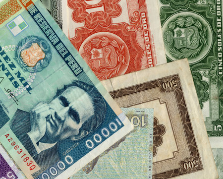 Pile of old peruvian currency banknotes backgroundの写真素材