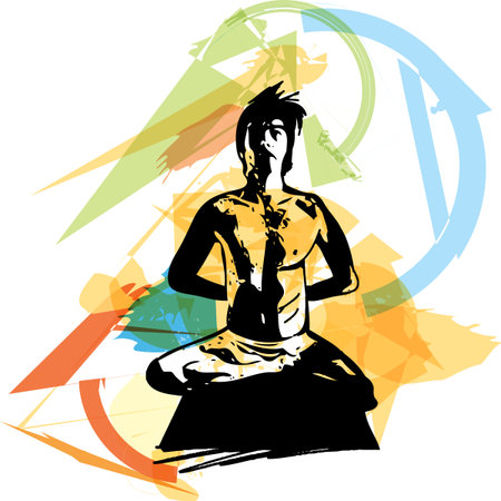 Yoga sketch man illustration with abstract colorful backgroundのイラスト素材