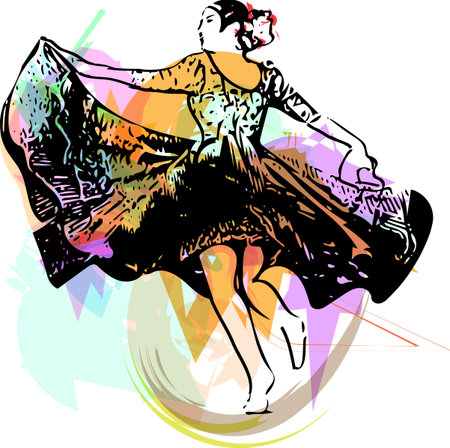 Illustration of woman dancing marinera. Peruvian dancing.のイラスト素材