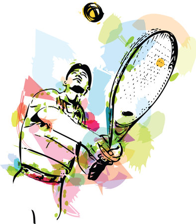 Colorful abstract sketch of one man tennis player at service serving silhouetteのイラスト素材