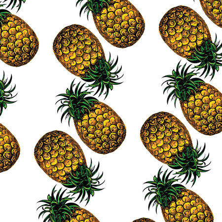 A seamless pattern vector illustration of whole pineapple fruit on white backgroundのイラスト素材