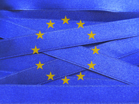 EUROPEAN UNION flag or banner made with blue ribbonの写真素材