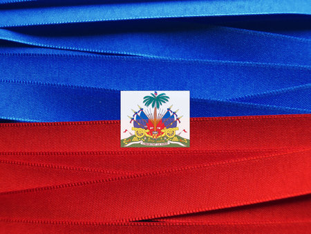 Haiti flag or banner made with red and blue ribbonsの写真素材