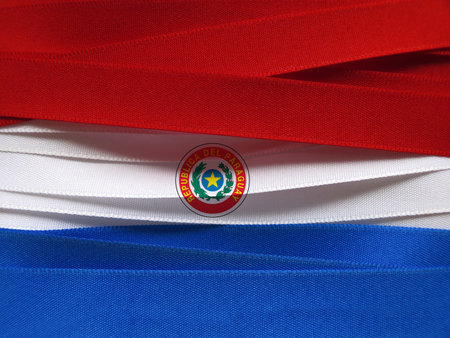 Paraguay flag or banner made with red, blue and white ribbonsの写真素材
