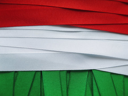 Hungary flag or banner made with green, white and red ribbonsの写真素材