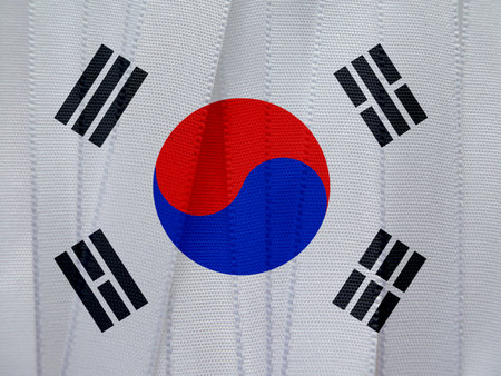 South Korea flag or banner made with white ribbonsの写真素材