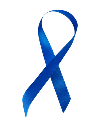 Blue ribbon awareness isolated on white background.の写真素材