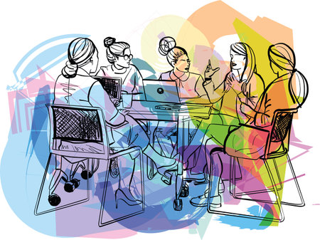 Female creatives in a meeting room listening to their colleague making an informal presentation. Vector Illustrationのイラスト素材