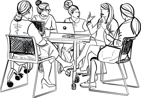 Female creatives in a meeting room listening to their colleague making an informal presentation. Vector Illustrationのイラスト素材