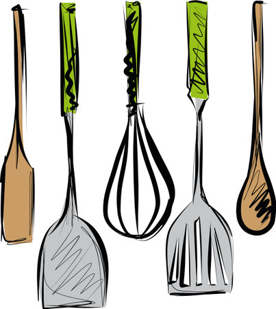Sketch of Kitchen tools and Cooking utensils icon. Spatula, Whisk and Skimmer. Vector illustration.のイラスト素材