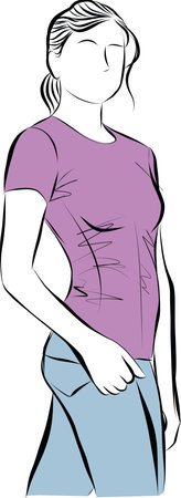 Fashion woman sketch. Hand drawn beautiful young woman with t-shirts and jeans vector illustrationのイラスト素材