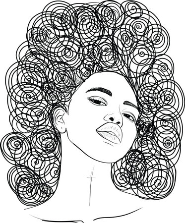 Line Art Woman Face Drawing. Black Woman. Afro American Female Logo. Minimalist Face. Beauty salon Contouring Line Vector Illustrationのイラスト素材