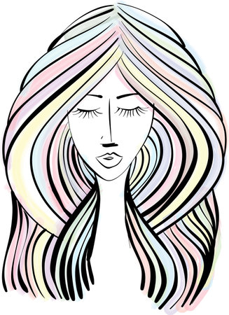 beautiful woman face, girl with beautiful hair hand drawn vector. Volume, Haircut, Hairdressing. Care and beauty. Colorful rainbow hair sketch illustration portraitのイラスト素材