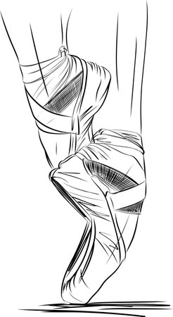 Hand drawn sketch of Ballerina pointe shoes, Feet in shoes of ballet class. Ballerina in pointe in a pose on one leg, graphic sketch illustrationのイラスト素材