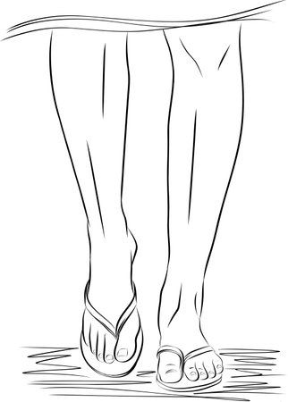 Sketch ok Female feet wearing flip-flops. Woman stylish footwear design. Female beach shoes. Line icon Beach Sandals and Flip-Flops sketch illustartion.のイラスト素材