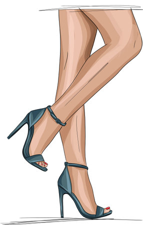 Sexy legs woman, high-heeled shoes, sketch drawing style, Heels, foot, leg. shoes, one line artのイラスト素材