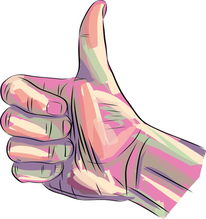 Hand showing symbol Like. Making thumb up gesture sketch illustrationのイラスト素材