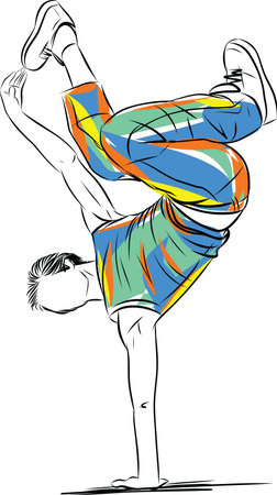 Man dancer do hip hop breakdance hand stand vector illustration. Dancer perform hiphop. Performer in freestyle street dance. Modern, contemporary movements for urban party.のイラスト素材
