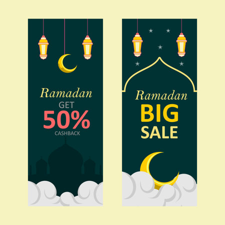 ramadan sale vertical banners use dark green with illustrations of clouds, lanterns, moon, stars and mosque silhouettesのイラスト素材