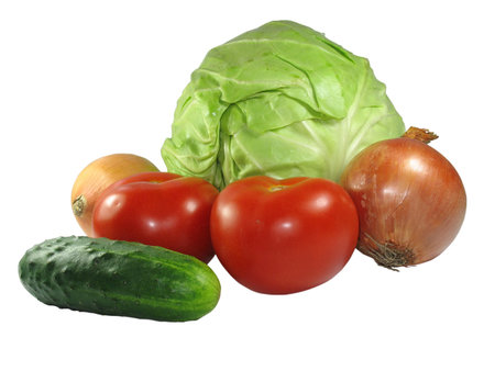 Set of vegetables cabbage tomatoes onions cucumber isolated over white backgroundの写真素材