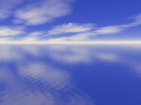 Ocean water and cloudy blue sky 3D high quality renderedの写真素材