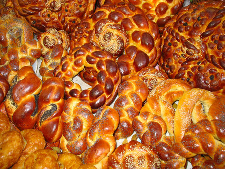 big assortment of sweet baked bread productsの写真素材