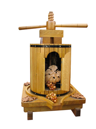 Old grapes wine press decorative Breadboard model isolated over white backgroundの写真素材