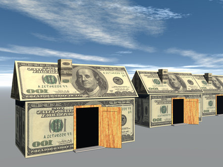 3D rendered street of money made houses with reflection and blue skyの写真素材