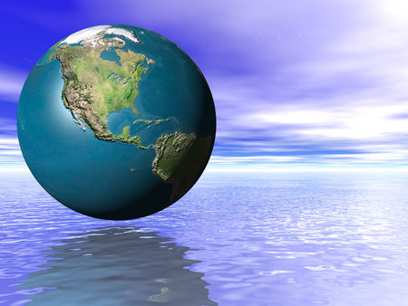 3d Concept Earth Globe in ocean water and cloudy blue skyの写真素材