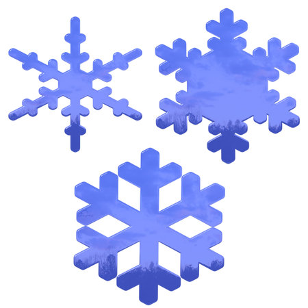set of blue, glass effect snow flakes over whiteの写真素材