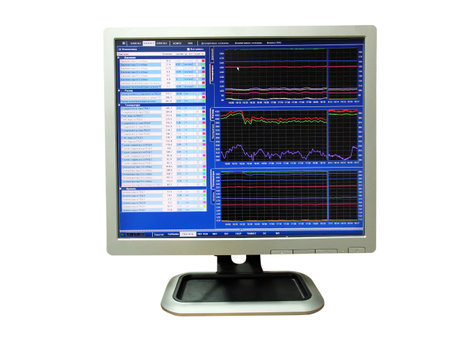 lcd monitor showing falling graphs, isolated over white backgroundの写真素材