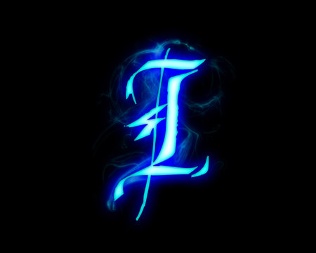 Blue flame magic font over black background. Letter Iの写真素材
