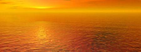 Red sunset sky and ocean wave water - panorama viewの写真素材